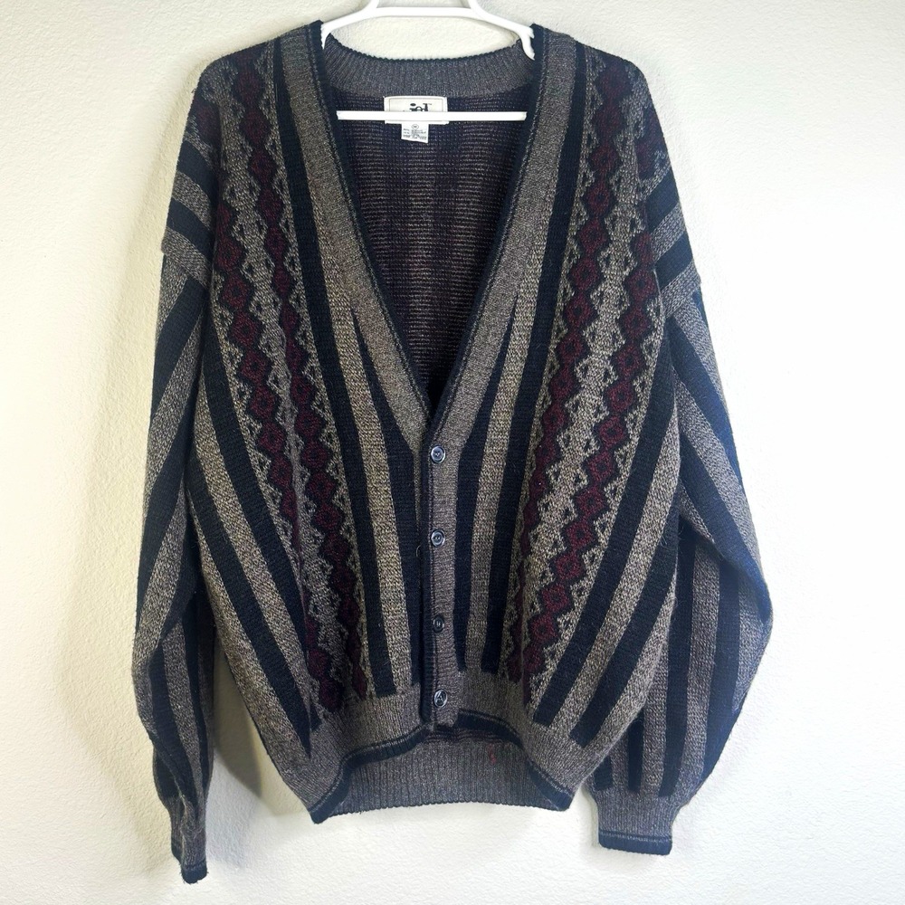 Vintage JAD 3D Men's Medium Cardigan Sweater Geometric Aztec Knit Wool Blend